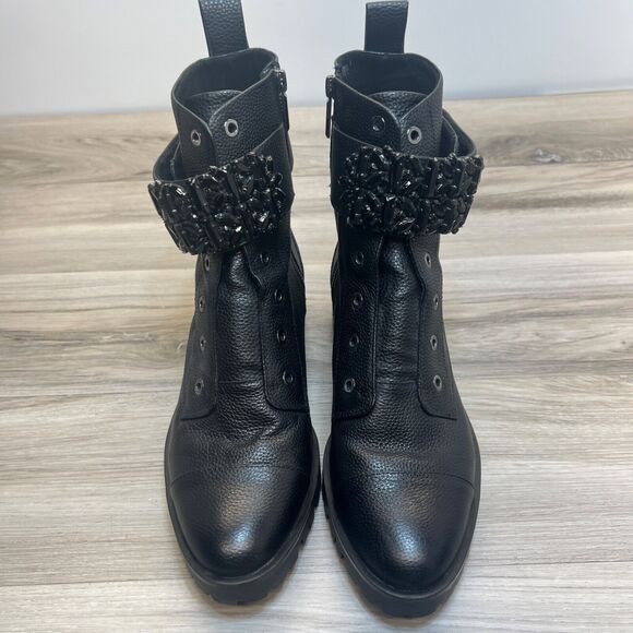DESIGNER RUNWAY KARL LAGERFELD PARIS BLACK CRYSTAL PIPPA LEATHER COMBAT BOOT 11 - Picture 9 of 12